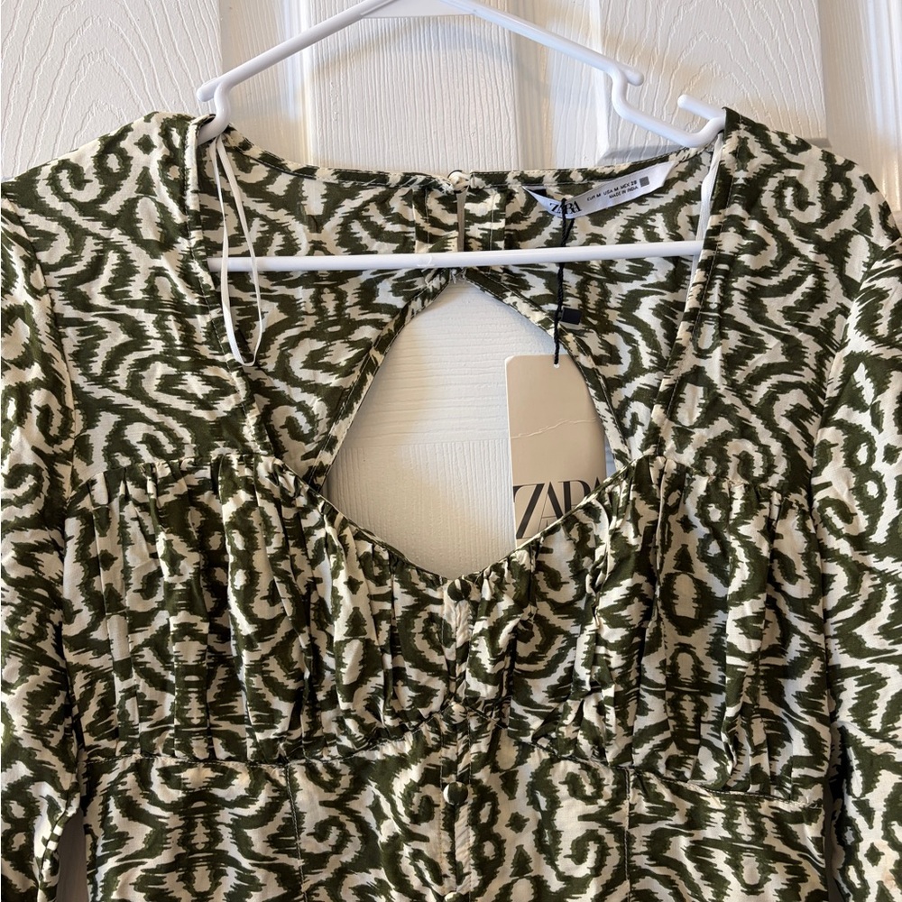 NWT Zara Olive Patterned Long Sleeve Dress MEDIUM